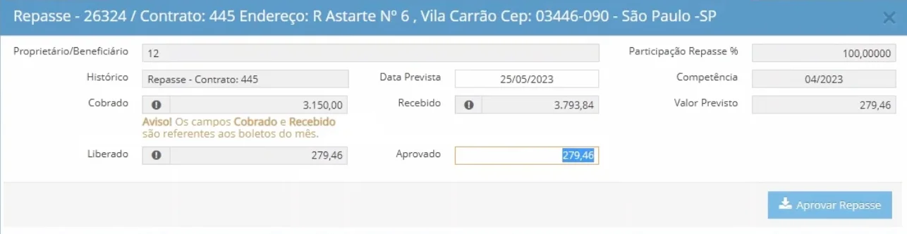 Detalhe de um repasse de aluguel no nidotec Adm
