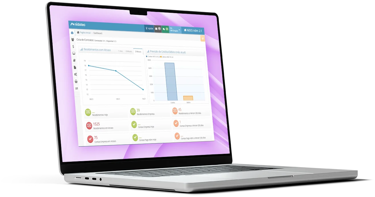 Notebook com o painel financeiro do nidotec Adm
