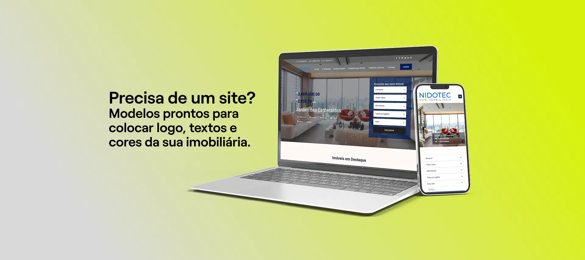 Modelos de sites imobiliários nidotec prontos para colocar logo, textos e cores da sua imobiliária