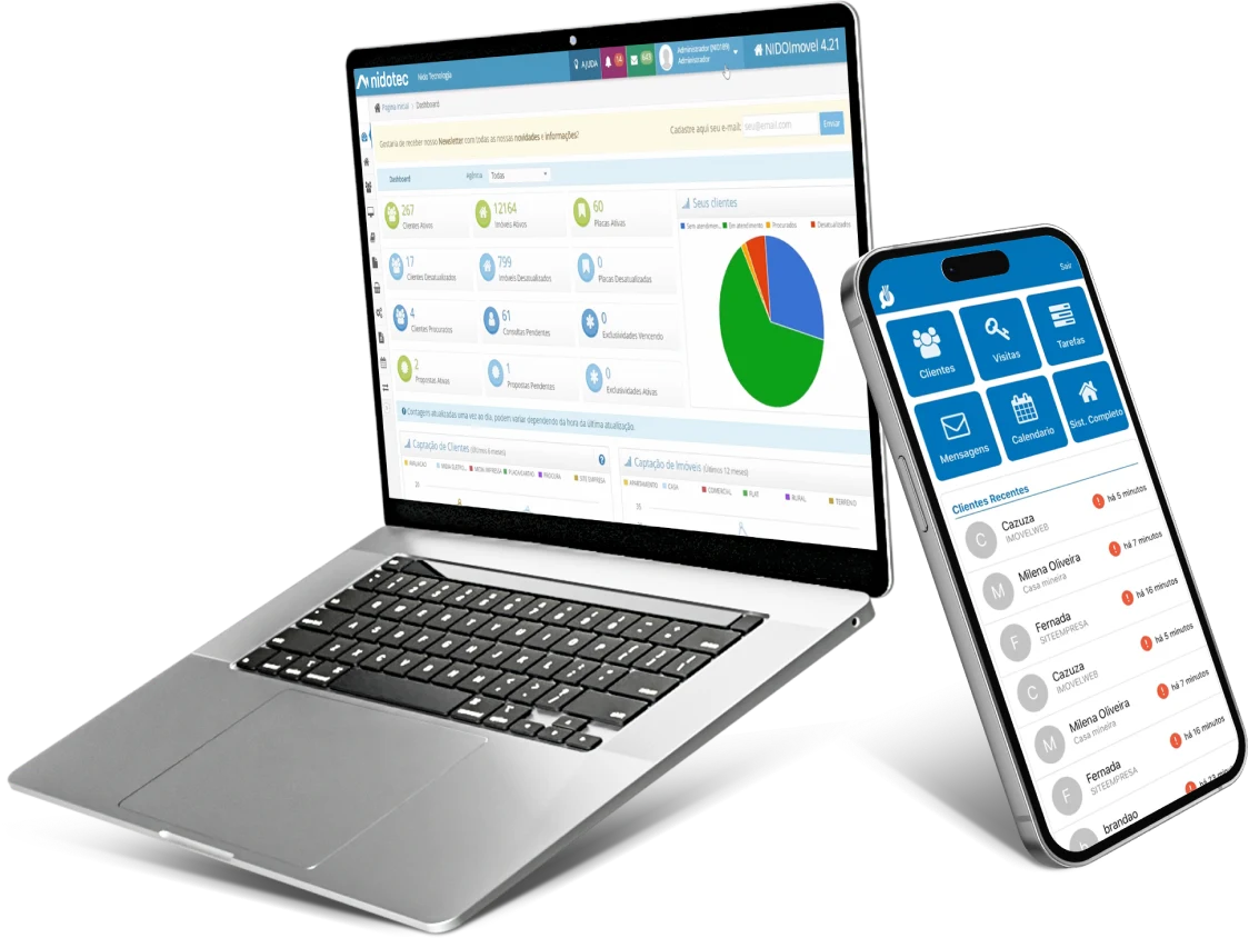 CRM nidotec Imóvel no notebook e aplicativo no celular