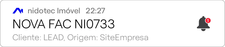 Notificação de novo lead recebido no nidotec Imóvel