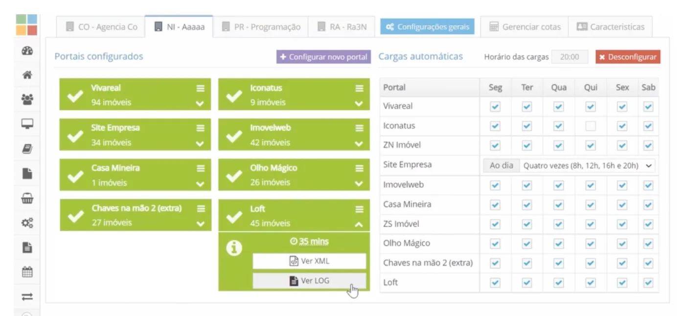 Tela de configuração de publicação automática nos portais imobiliários do nidotec Imóvel