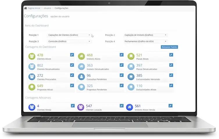 Notebook com a tela de configurações do CRM nidotec Imóvel