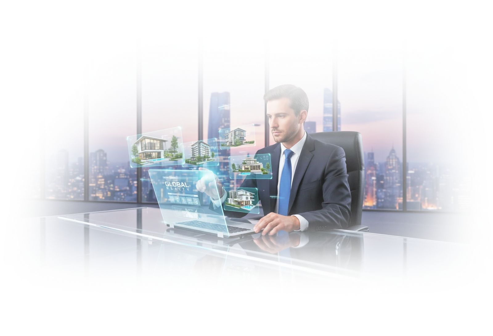 Executivo com casas flutuando sobre a cidade, representando a vitrine digital de imóveis