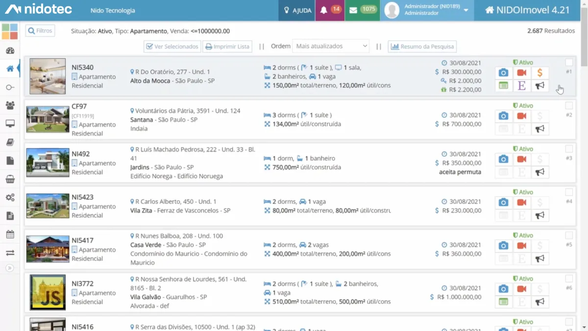 Lista de imóveis do CRM nidotec Imóvel integrada ao site da imobiliária